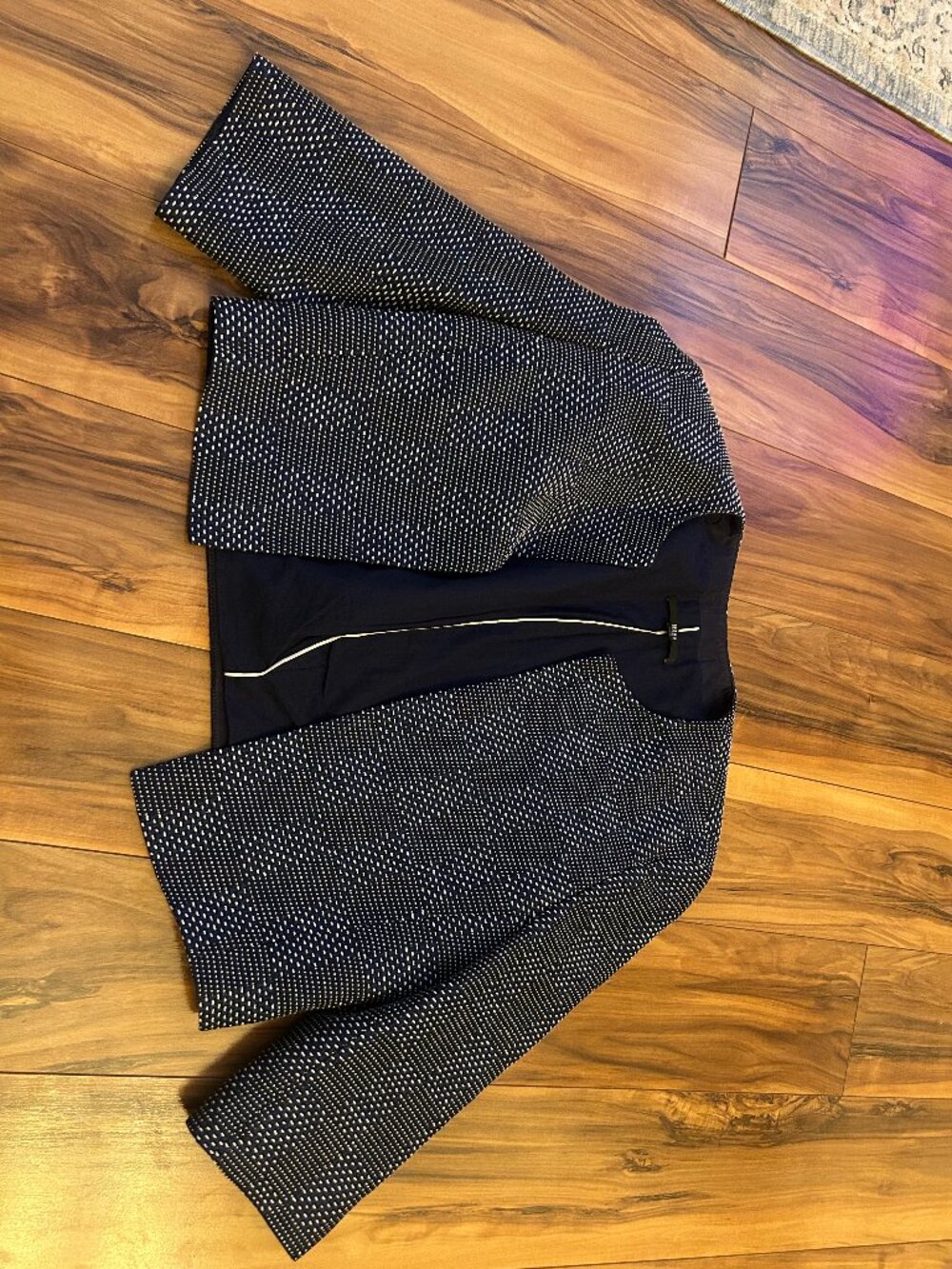 BOSS Hugo Boss Navy Blue & White Textured Cropped Bouclé Jacket Blazer